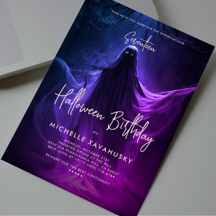 Invitación Adultos Halloween Cumpleaños Fantasma Azul Púrpura