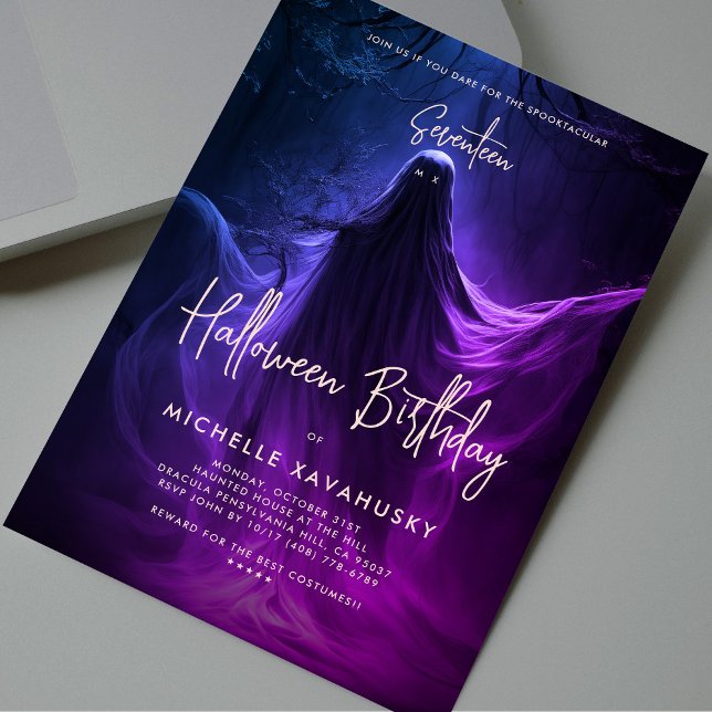 Invitación Adultos Halloween Cumpleaños Fantasma Azul Púrpura (Adult Halloween Birthday Ghost Blue Purple Pink Invitation
)
