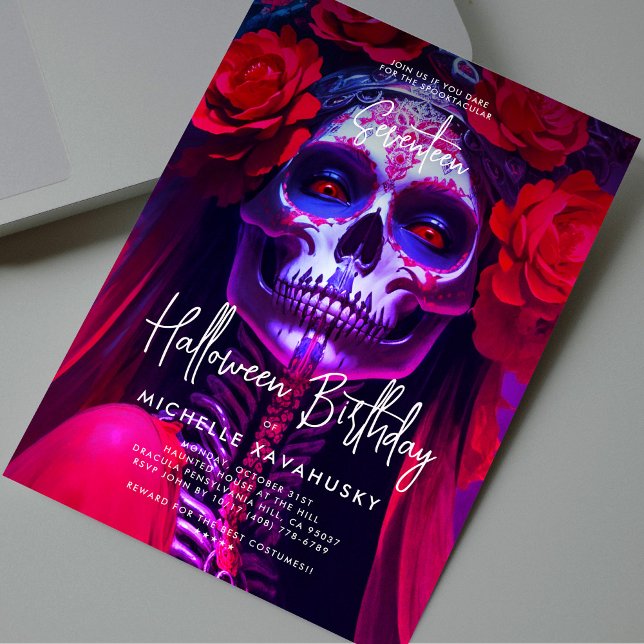 Invitación Adultos Halloween Cumpleaños Red Lady Skull Modern (Adult Halloween Birthday Red Lady Skull Modern Invitation
)