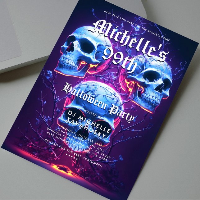 Invitación Adultos Halloween fiesta de cumpleaños Neon Skull  (Adult Halloween Birthday Party Neon Skull Modern Invitation
)