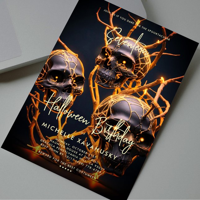 Invitación Adultos Halloween fiesta de cumpleaños Neon Skull  (Adult Halloween Birthday Party Neon Skull Modern Invitation
)