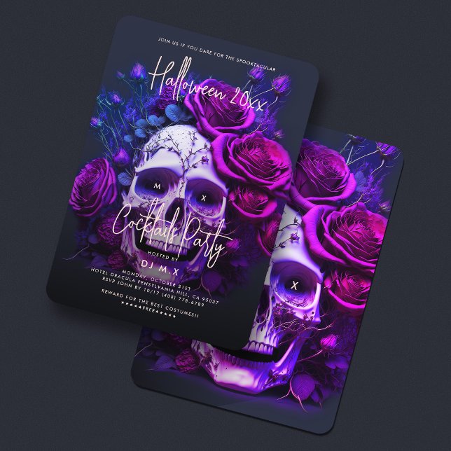Invitación Adultos Halloween fiesta de cumpleaños Skull Blue  (Adult Halloween Birthday Party Skull Blue Purple Invitation
)