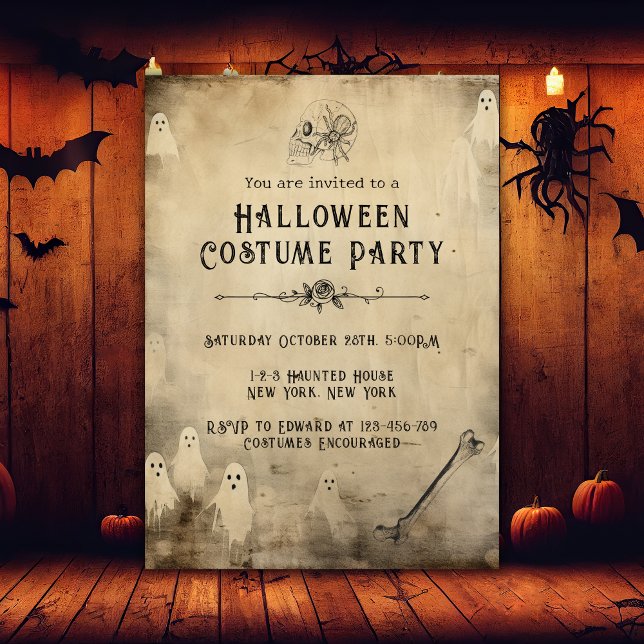 Invitación Adultos Halloween Party Vintage Ghost Skull Spider (adult halloween party, spooky ghost, skull, skeleton, anatomy)