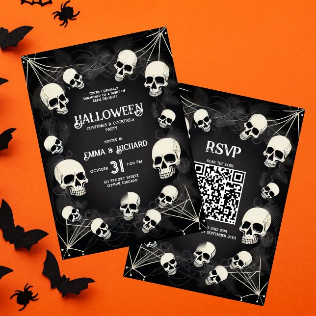 Invitación Adultos Skull Spider Webs QR Code Halloween Party (Subido por el creador)
