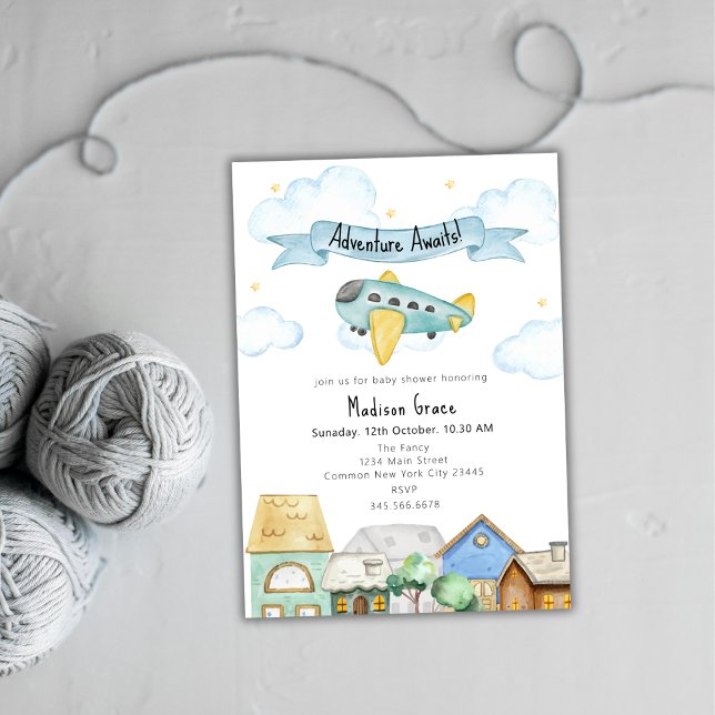 Invitación Adventure Await Aviator Airplane Baby Shower (Adventure Awaits Aviator Airplane Baby Shower Invitation)