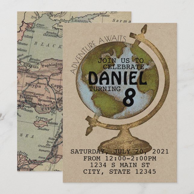Invitación Adventure Await Birthday (Anverso / Reverso)