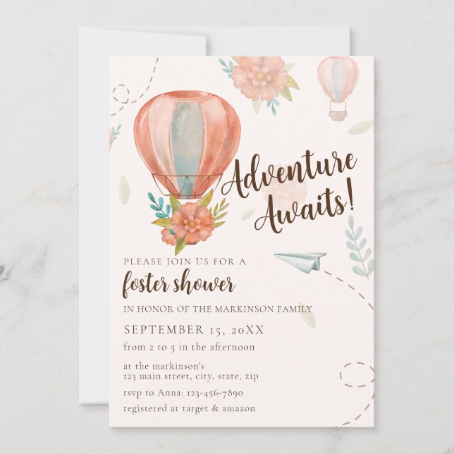 Invitación Adventure Await Foster Baby Shower Neutral (Anverso)
