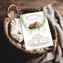 Invitación Adventure Await Woodland Bear Green Baby Shower