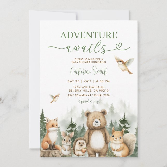 Invitación Adventure Awaits Animal Woodland Tree Baby Shower (Anverso)