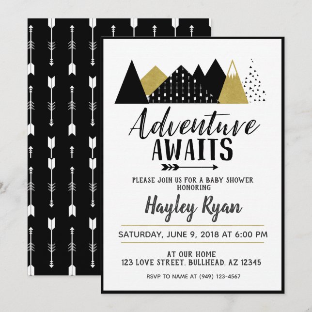 Invitación Adventure Awaits arrow mountain Invite de Baby Sho (Anverso / Reverso)
