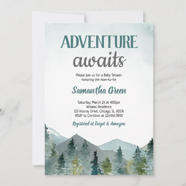 Invitación Adventure Awaits Baby Shower (Anverso)