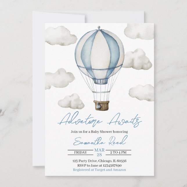 Invitación Adventure Awaits Baby Shower (Anverso)