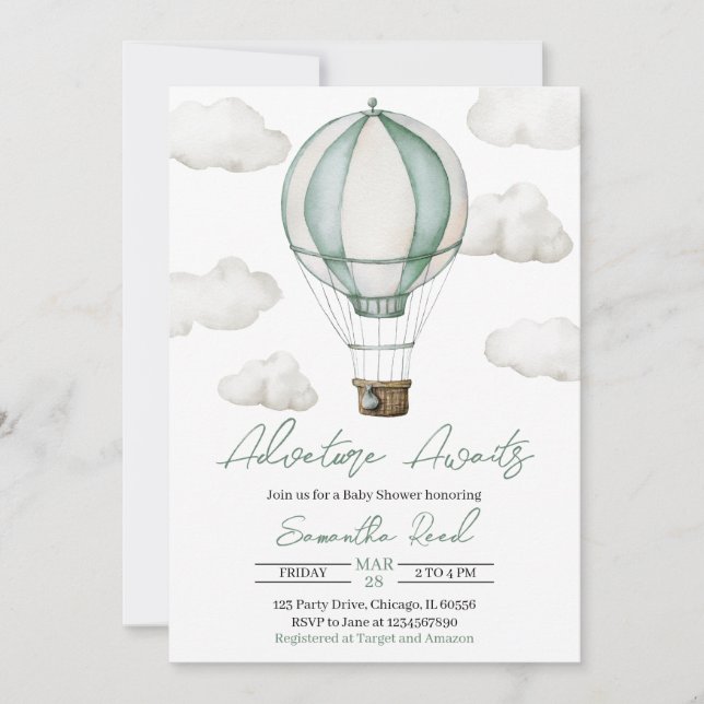 Invitación Adventure Awaits Baby Shower (Anverso)