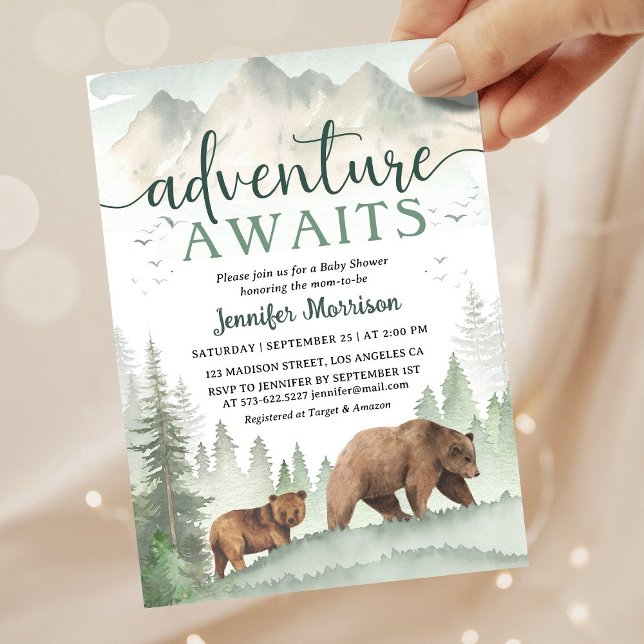 Invitación Adventure Awaits Baby Shower Bear Woodland Forest (Subido por el creador)