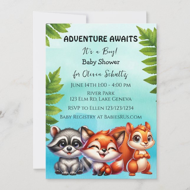 Invitación Adventure Awaits | Baby Shower de Woodland Creatio (Anverso)