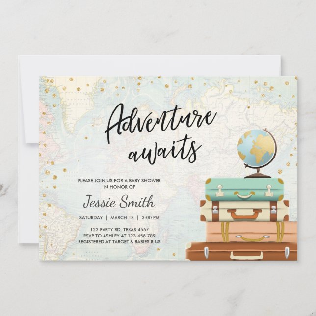 Invitación Adventure Awaits Baby Shower Invitation Travel Map (Anverso)