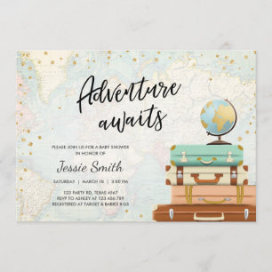 Invitación Adventure Awaits Baby Shower Invitation Travel Map