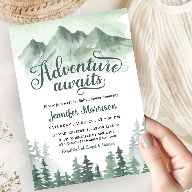 Invitación Adventure Awaits Baby Shower Rustic Green Mountain (Subido por el creador)