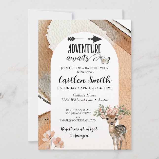 Invitación Adventure Awaits Baby Shower Woodland Deer (Anverso)