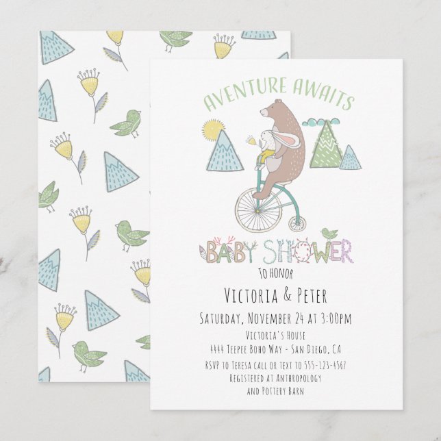 Invitación Adventure Awaits Bear Bunny Bike Baby Shower (Anverso / Reverso)