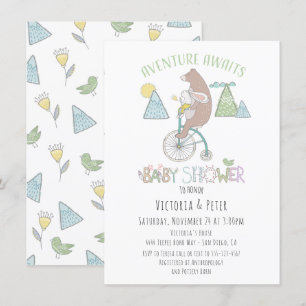 Invitación Adventure Awaits Bear Bunny Bike Baby Shower