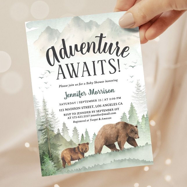 Invitación Adventure Awaits Bear Forest Woodland Baby Shower (Subido por el creador)