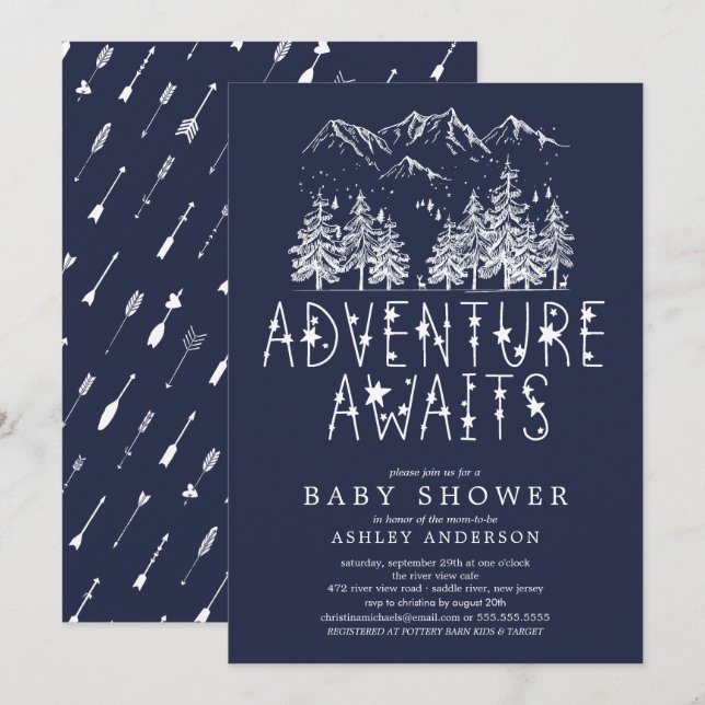 Invitación Adventure Awaits Boy baby Shower (Anverso / Reverso)