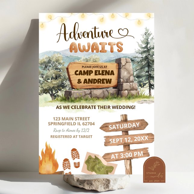 Invitación adventure awaits camping ground wedding (Subido por el creador)