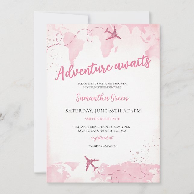 Invitación Adventure Awaits Chica Baby Shower (Anverso)