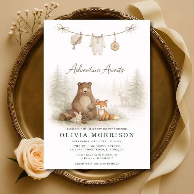Invitación Adventure Awaits Clothesline Woodland Baby Shower (Subido por el creador)