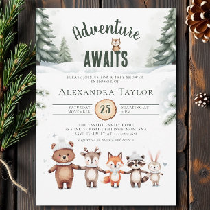 Invitación Adventure Awaits Cute Woodland Winter Baby Shower
