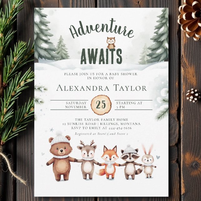 Invitación Adventure Awaits Cute Woodland Winter Baby Shower (winter baby shower invitation adventure awaits woodland animals cute watercolor forest snow cold)