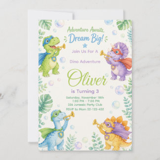 Invitación Adventure Awaits Dream Big Dinosaur Birthday