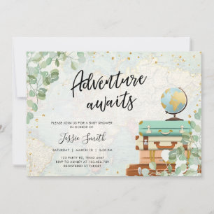 Invitación Adventure Awaits Eucalyptus Greenery Baby Shower