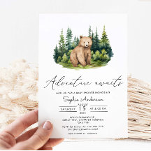 Adventure Awaits Forest Bear Modern Baby Shower
