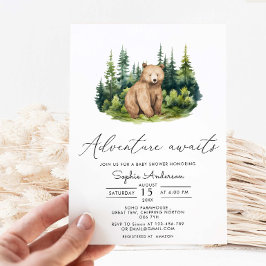 Invitación Adventure Awaits Forest Bear Modern Baby Shower
