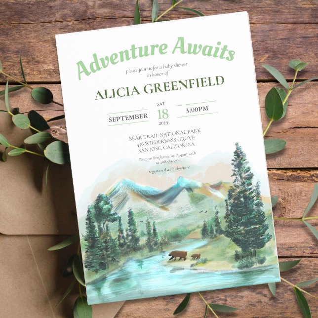 Invitación Adventure Awaits Forest Bears Mountain Baby Shower (Subido por el creador)