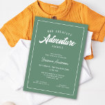 Invitación Adventure Awaits Forest Green Baby Shower<br><div class="desc">Esta invitación a la ducha de bebé para parejas incluye el texto "Our Greatest Adventure Awaits" sobre un fondo verde sabio del bosque. El texto personalizado te permite personalizar con el nombre de la pareja. Es perfecto para su evento rústico o al aire libre.</div>