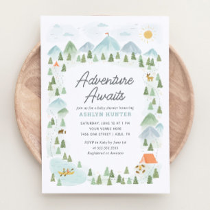 Invitación Adventure Awaits Forest Mountain Baby Shower