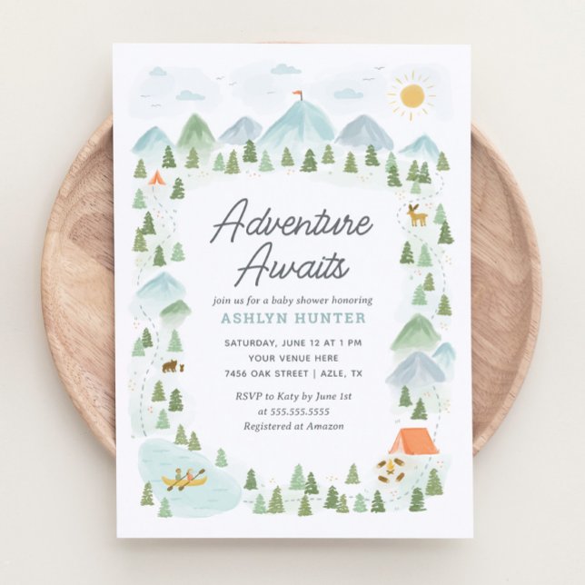 Invitación Adventure Awaits Forest Mountain Baby Shower (Subido por el creador)