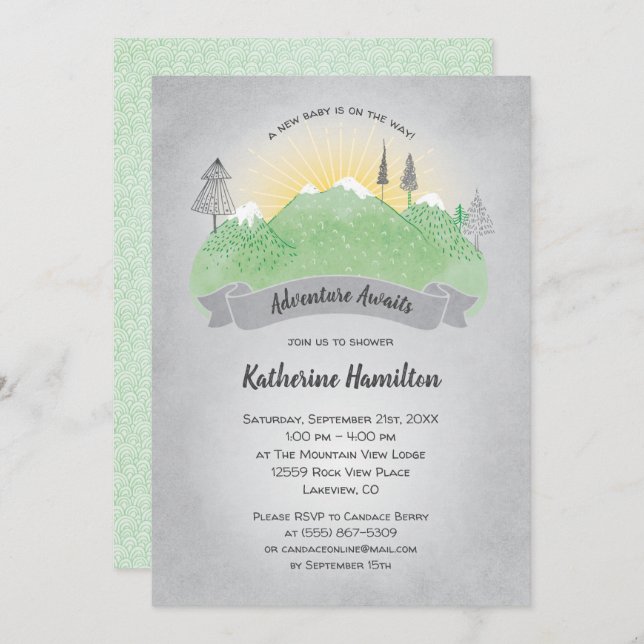 Invitación Adventure Awaits Green Mountains Baby Shower (Anverso / Reverso)