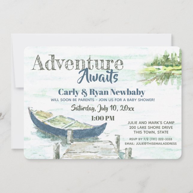 Invitación Adventure Awaits Lake and Canoe Baby Shower (Anverso)