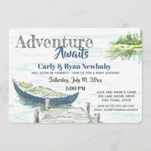 Invitación Adventure Awaits Lake and Canoe Baby Shower