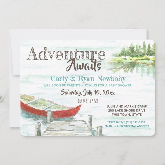 Invitación Adventure Awaits Lake and Canoe Baby Shower (Anverso)