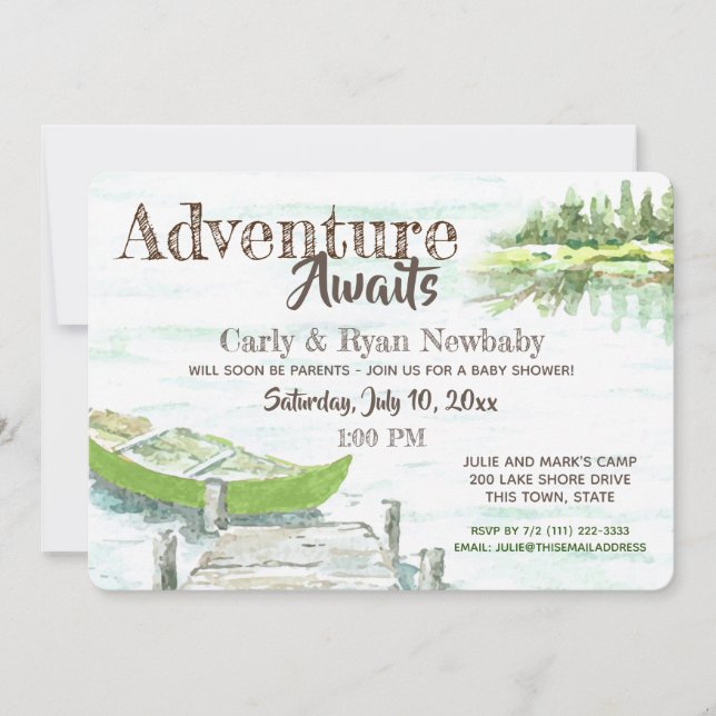 Invitación Adventure Awaits Lake and Canoe Baby Shower (Anverso)