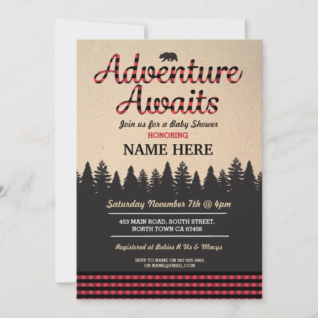 Invitación Adventure Awaits Lumberjack Baby Shower Red Invite (Anverso)