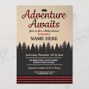 Invitación Adventure Awaits Lumberjack Baby Shower Red Invite