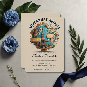Invitación Adventure Awaits Modern Globe Baby Shower