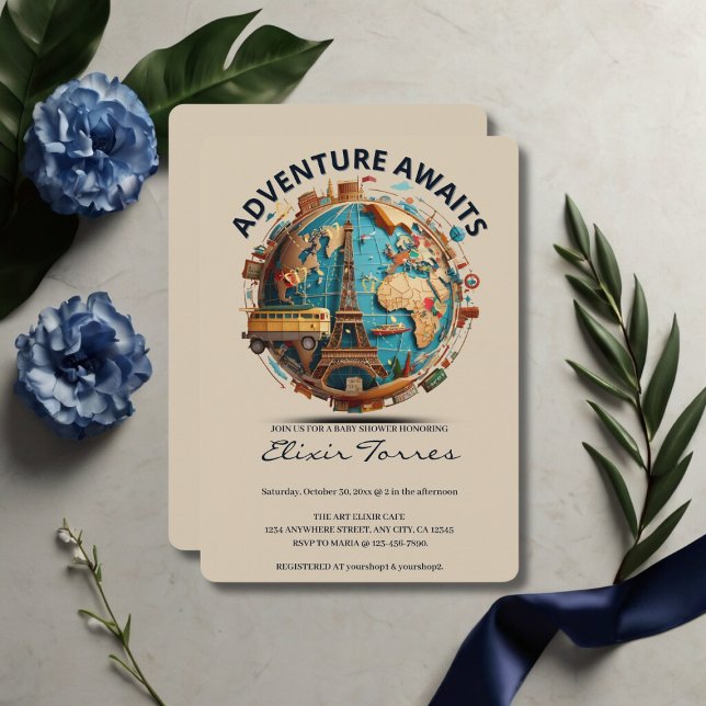 Invitación Adventure Awaits Modern Globe Baby Shower (Subido por el creador)