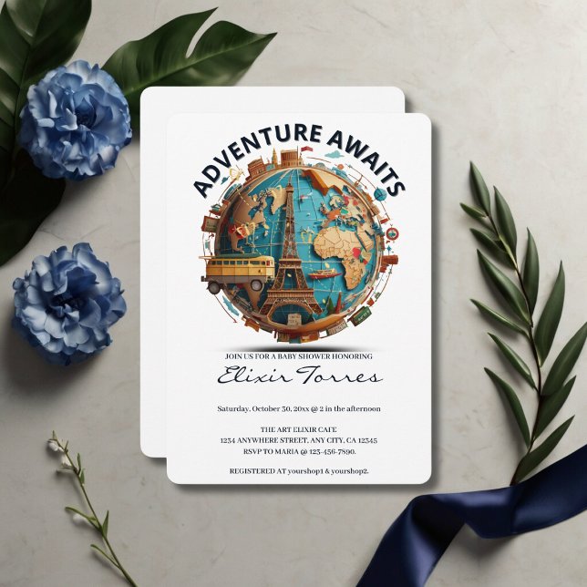 Invitación Adventure Awaits Modern Globe Baby Shower (Subido por el creador)